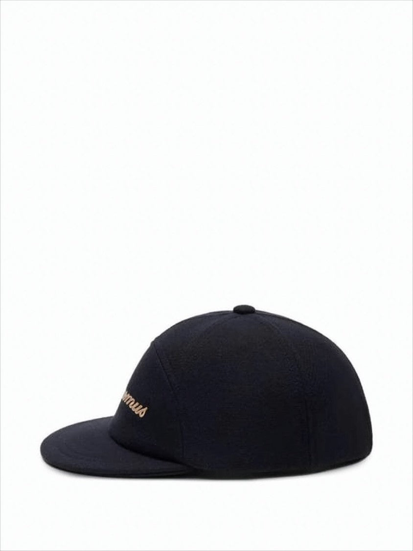 Structured Black Wool Blend Cap with Embroidered Detailing
