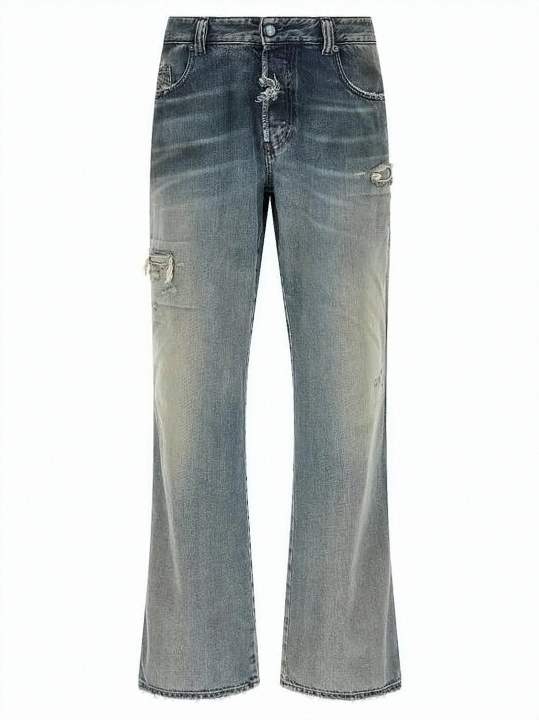 Faded Blue Distressed Cotton Denim Pants
