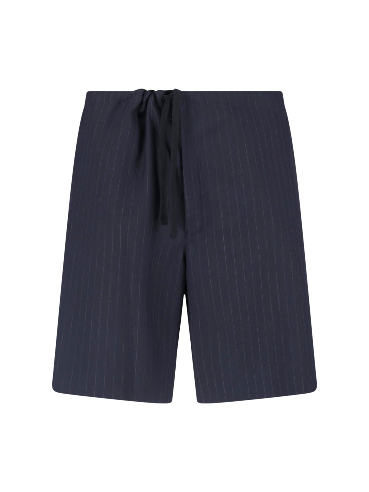 Navy Blue Pinstripe Mid-Rise Wool Shorts