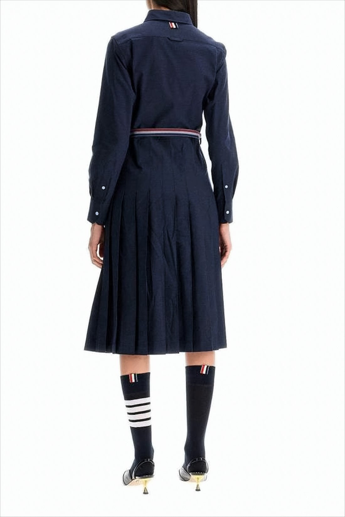 Pleated Midi Dress with Classic Collar and Waist Belt