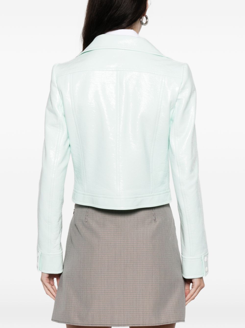 Cropped Jacket with Glossy Patent Finish and Structured Collar