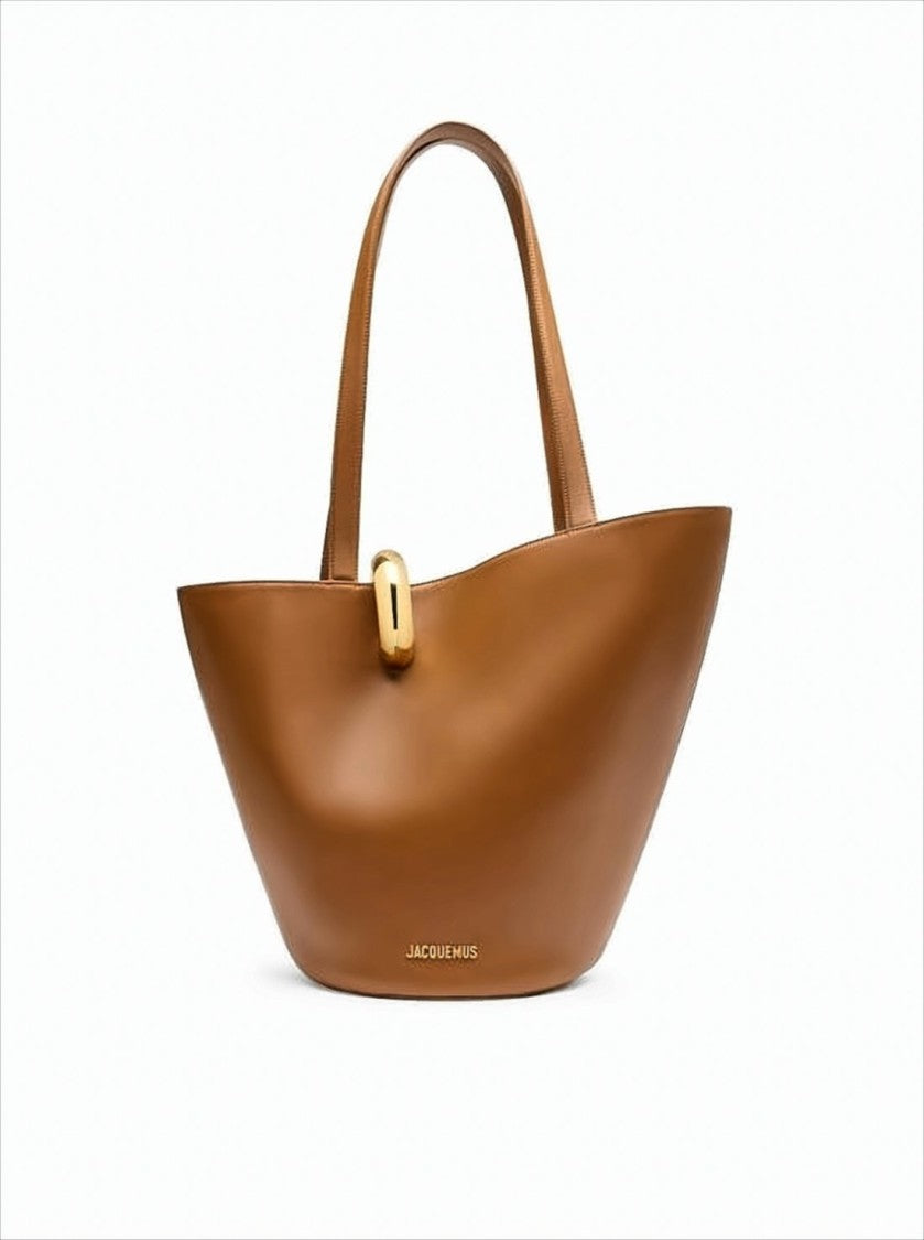 Structured Brown Cow Leather Tote Bag With Gold-Tone Clasp