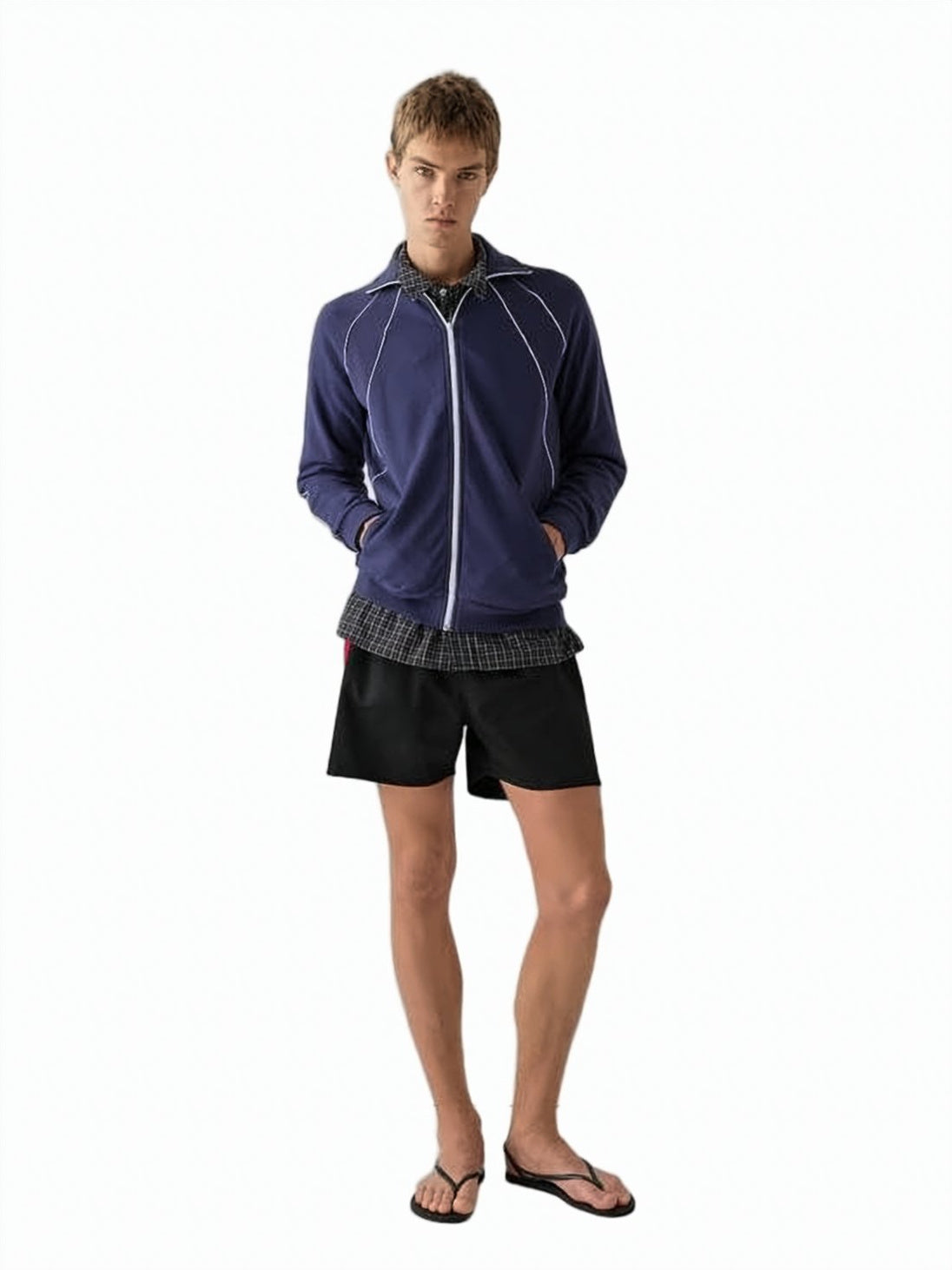Blue High-Collar Organic Cotton Piping Jacket