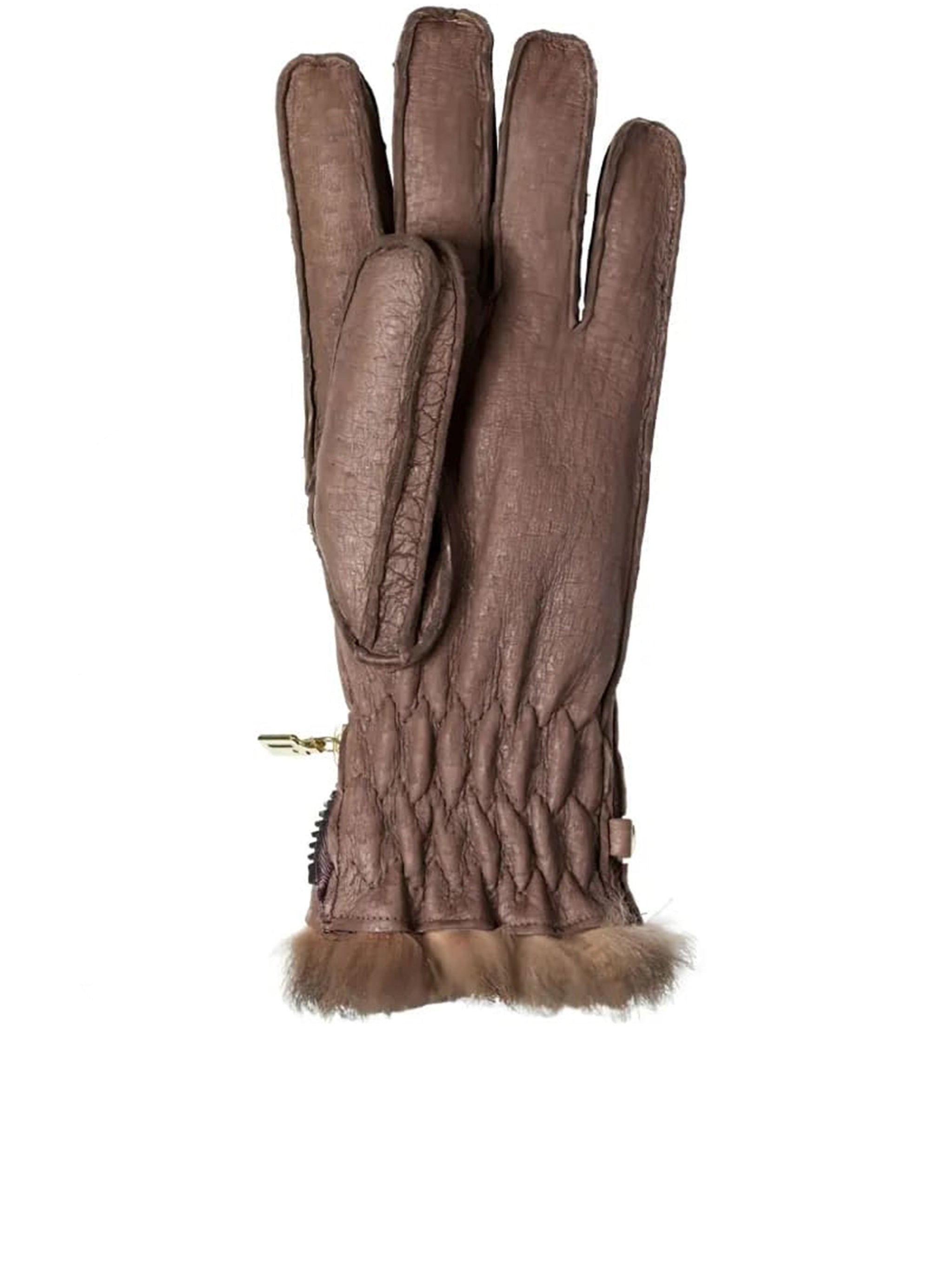 Brown Peccary Opossuy Fur-Trim Gloves