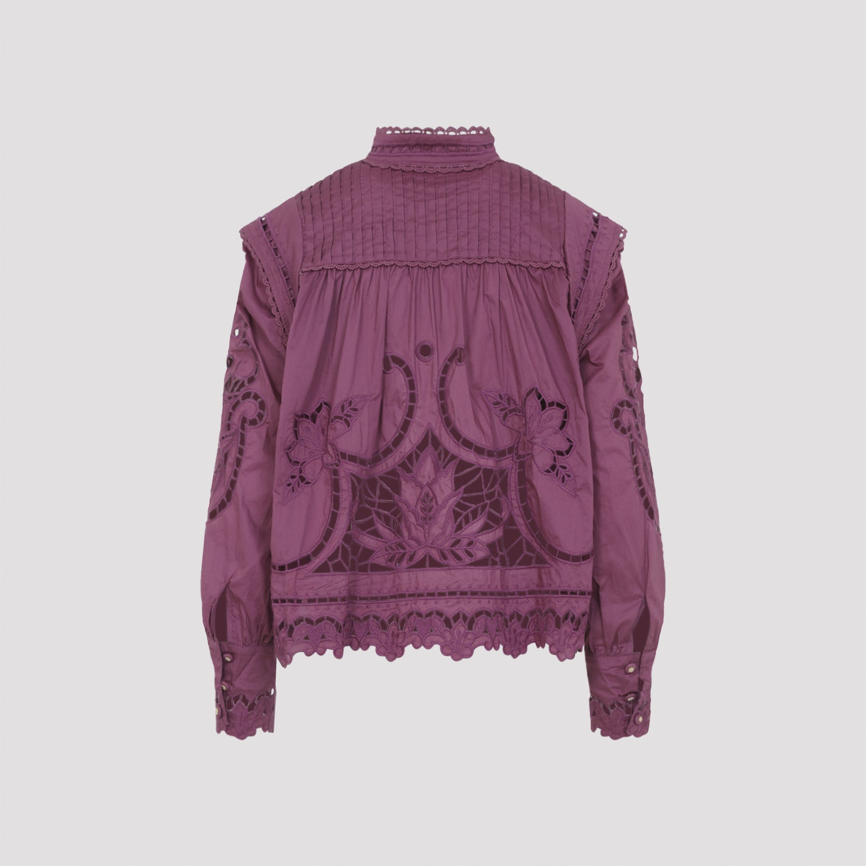Lace-Embellished Purple Cotton Long-Sleeved Top