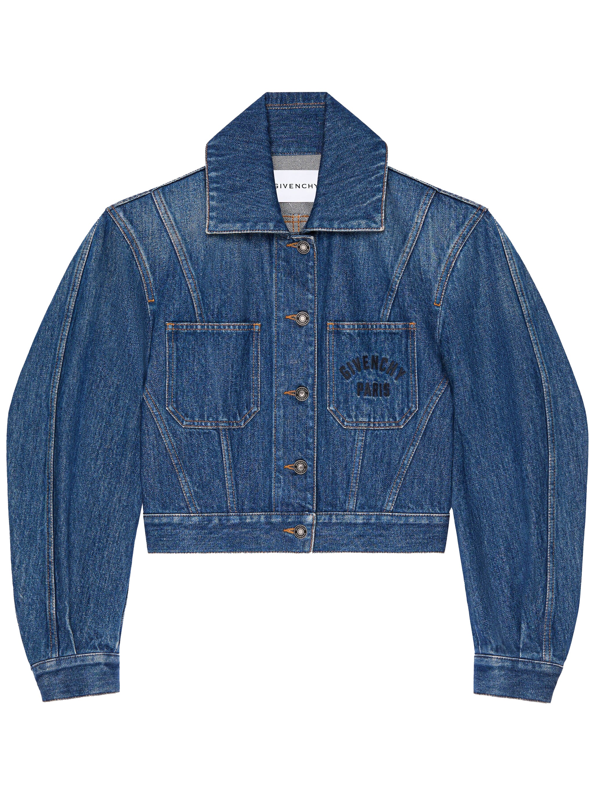 Cropped Blue Denim Puffed Sleeve Jacket