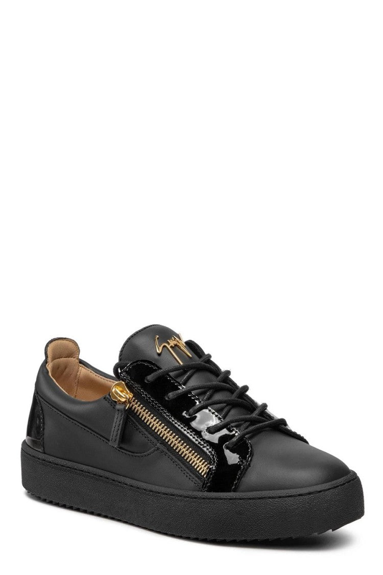 Black Leather Sneakers With Patent Accents