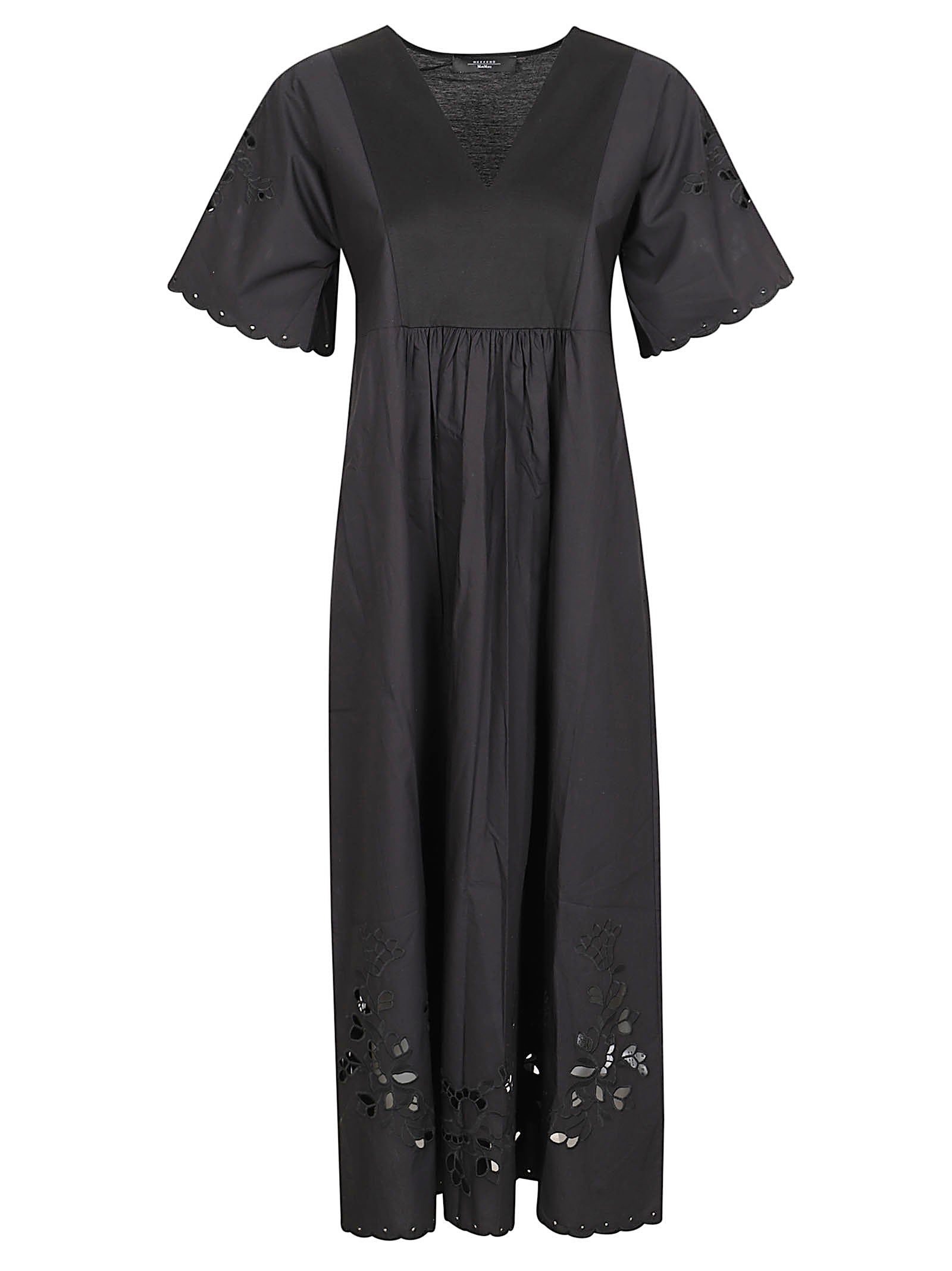V-Neck Dress with Scalloped Sleeves and Floral Embroidery