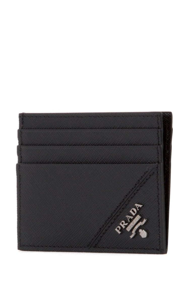 Textured Black Card Wallet with Metallic Logo Detail