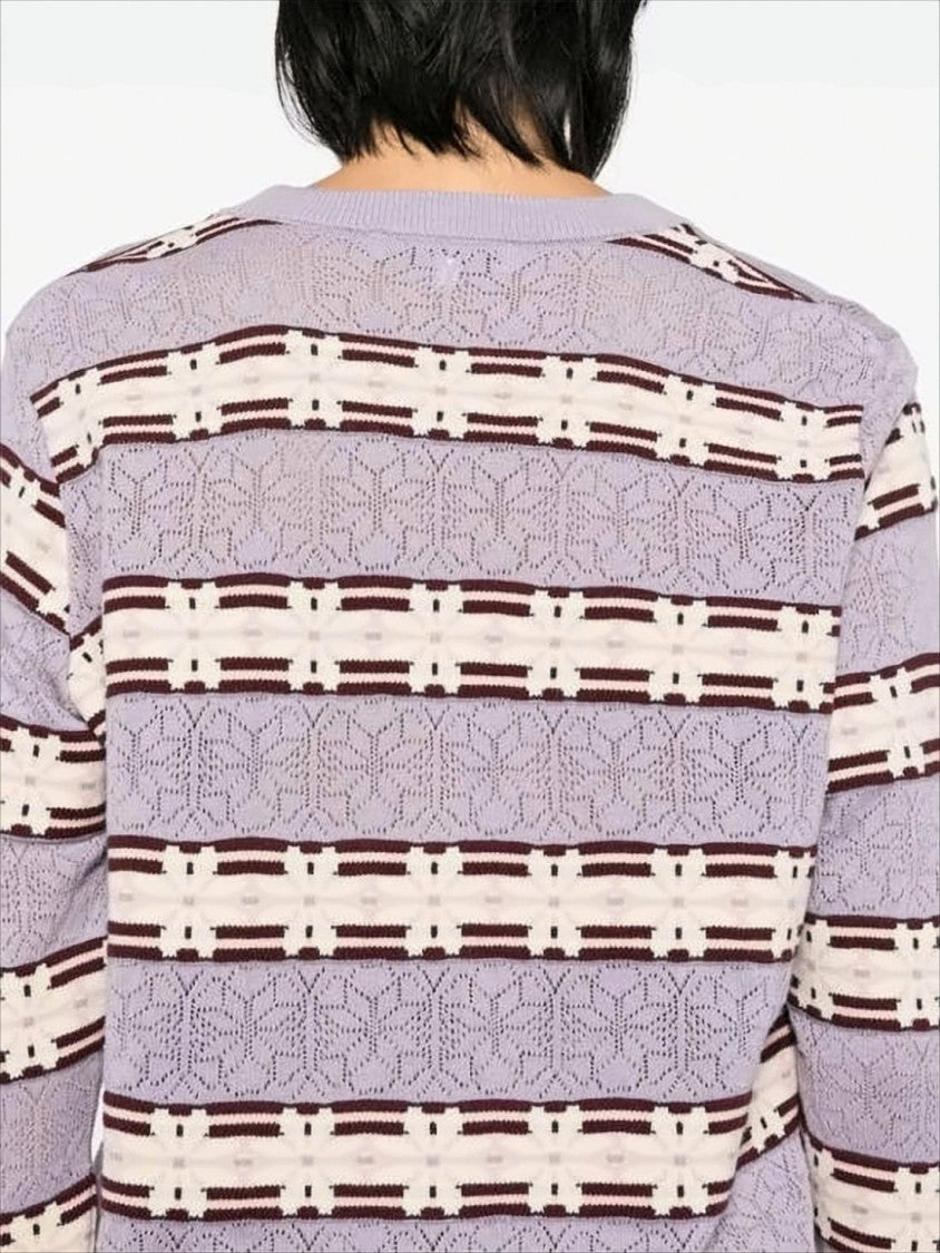 Lilac Striped Textured Knit Cardigan With V-Neckline