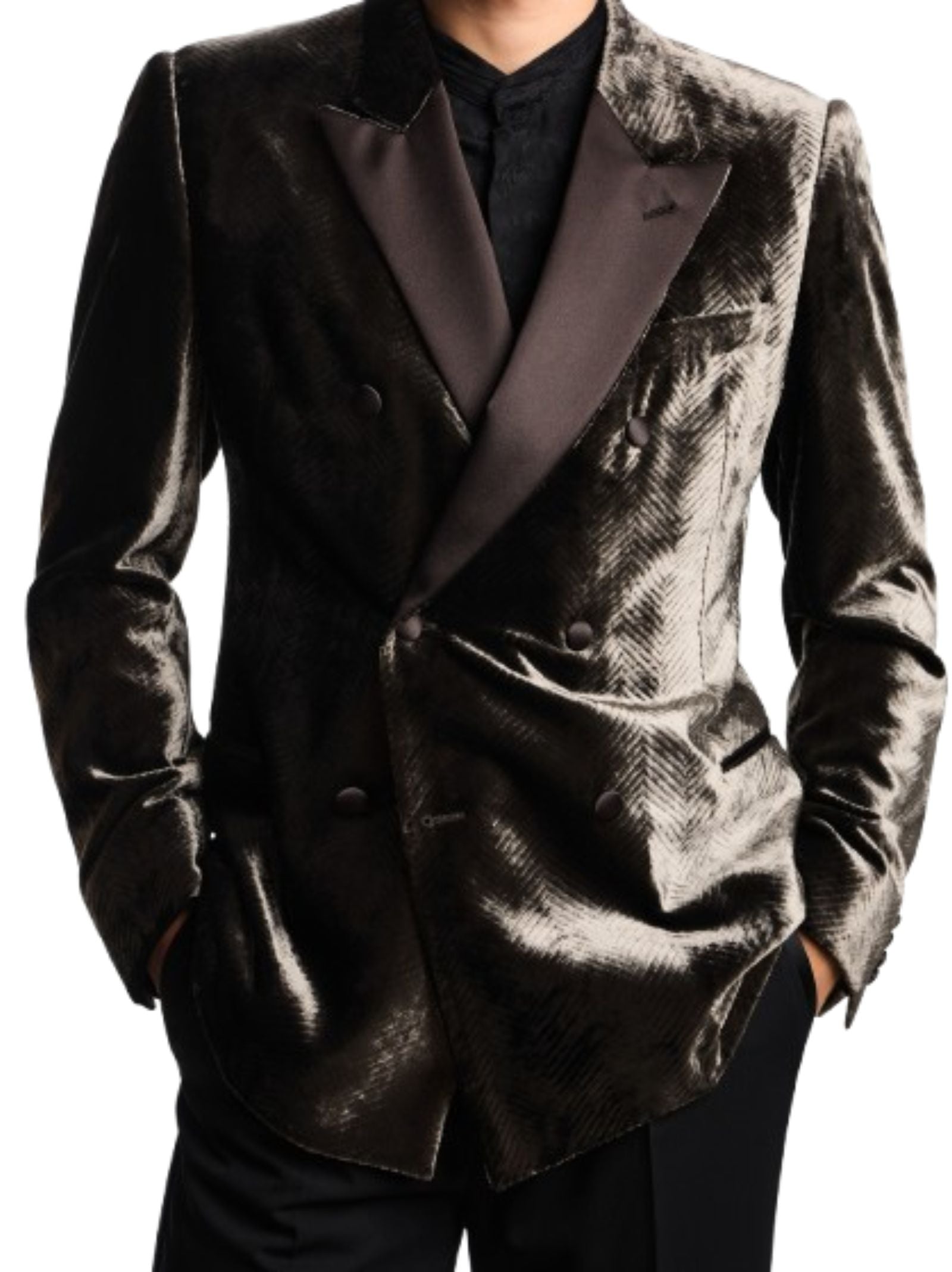 Double-Breasted Herringbone Velvet Blazer