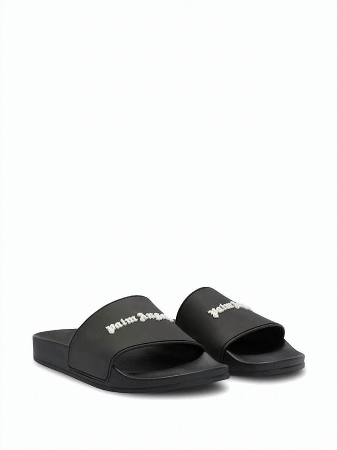 Contemporary Black Slide Sandals with Gothic Lettering