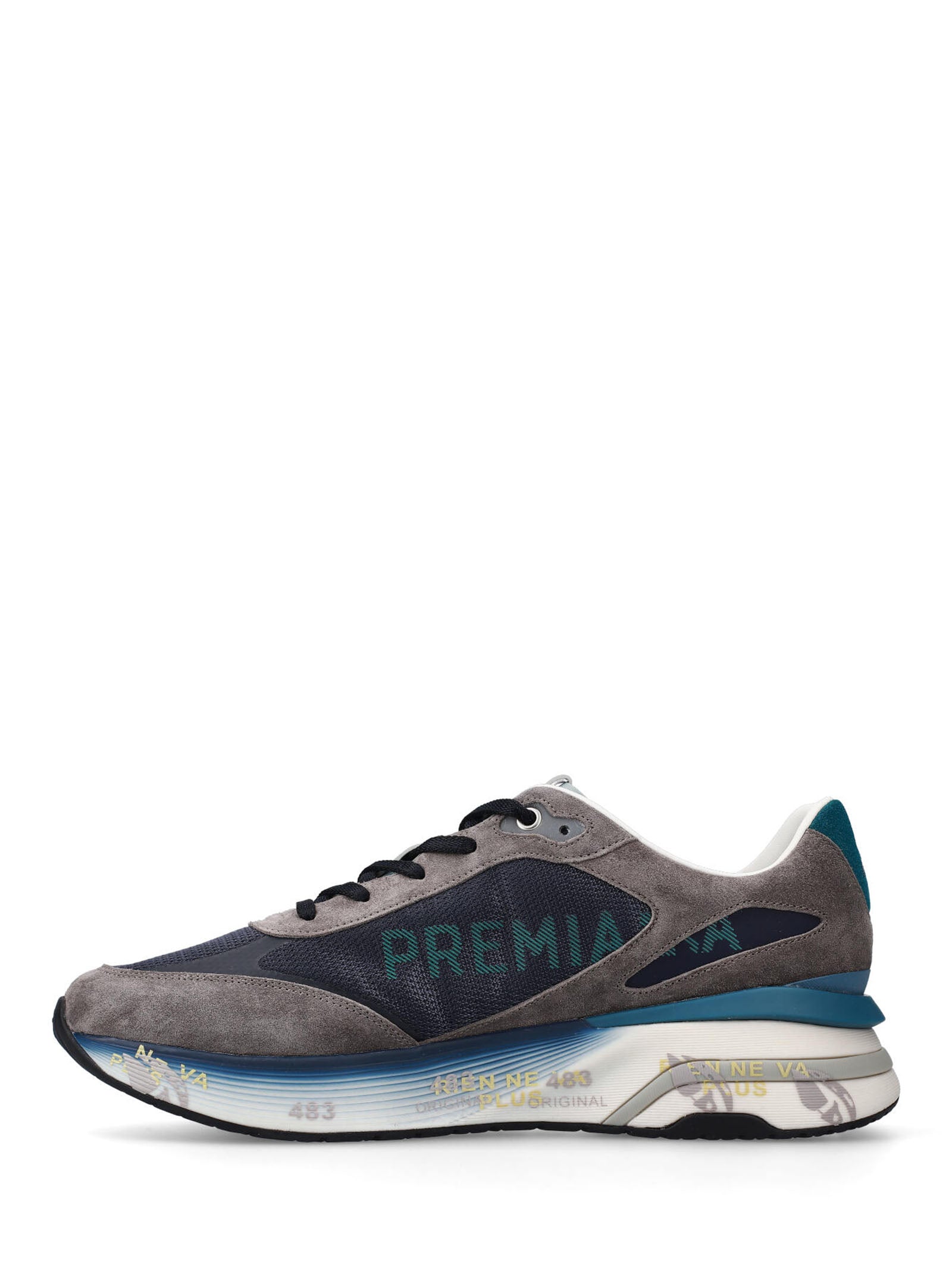 Teal-Accent Grey Suede Sneakers With Rubber Sole