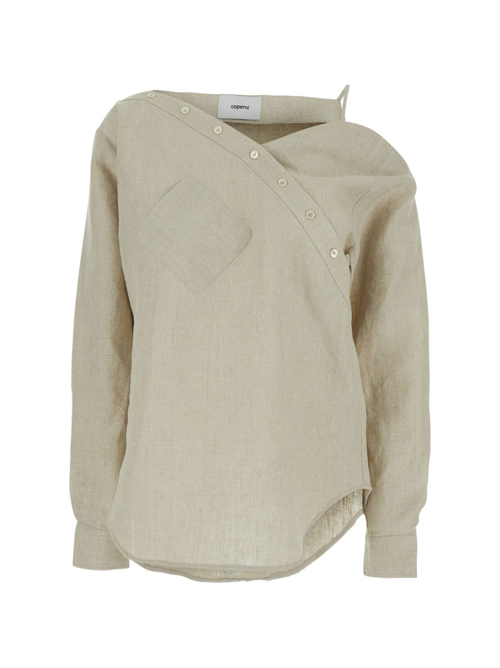 Asymmetrical Beige Shirt With Diagonal Button Closure And Minimalist Appeal