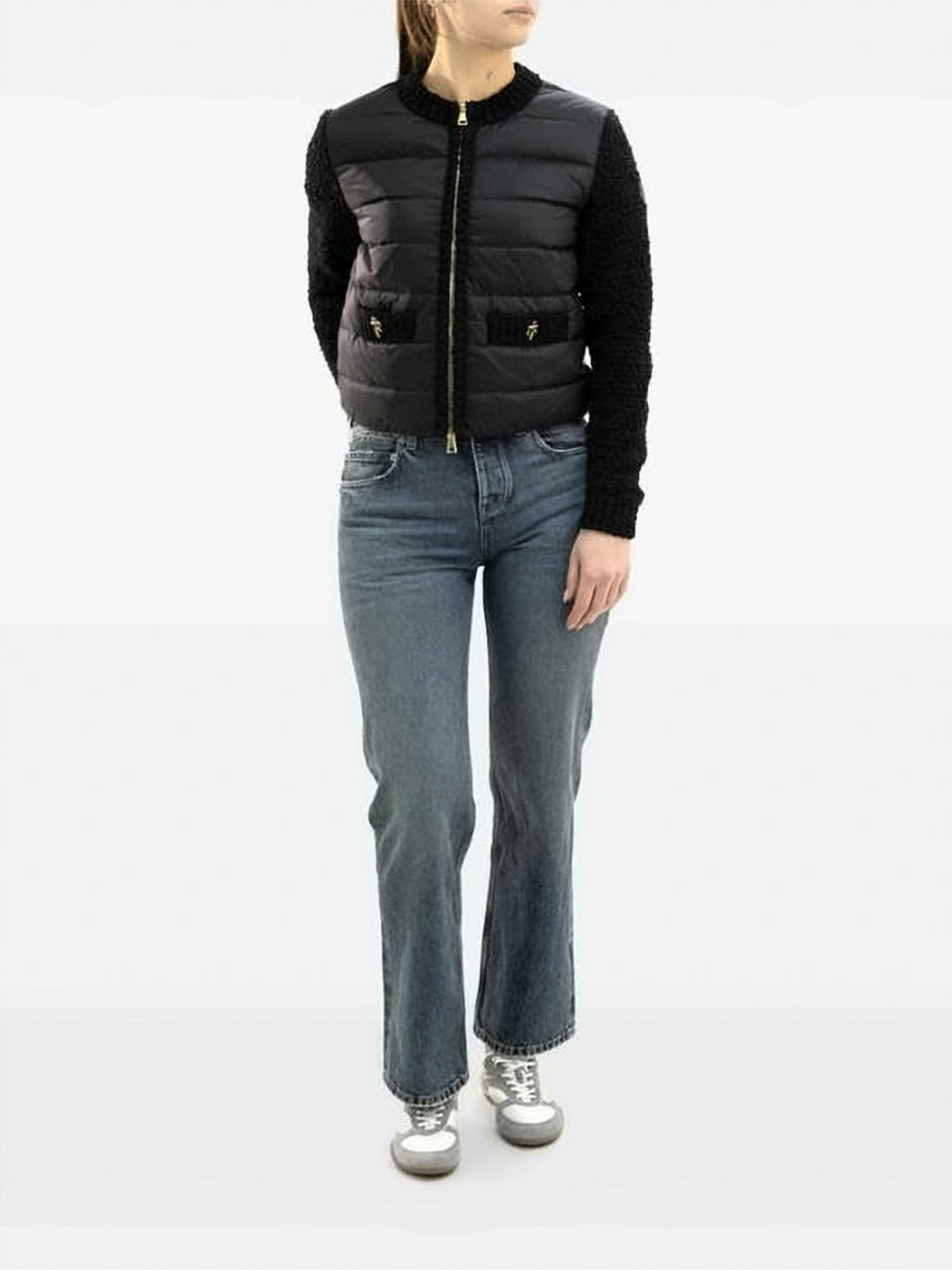 Cropped Quilted Jacket with Textured Sleeves