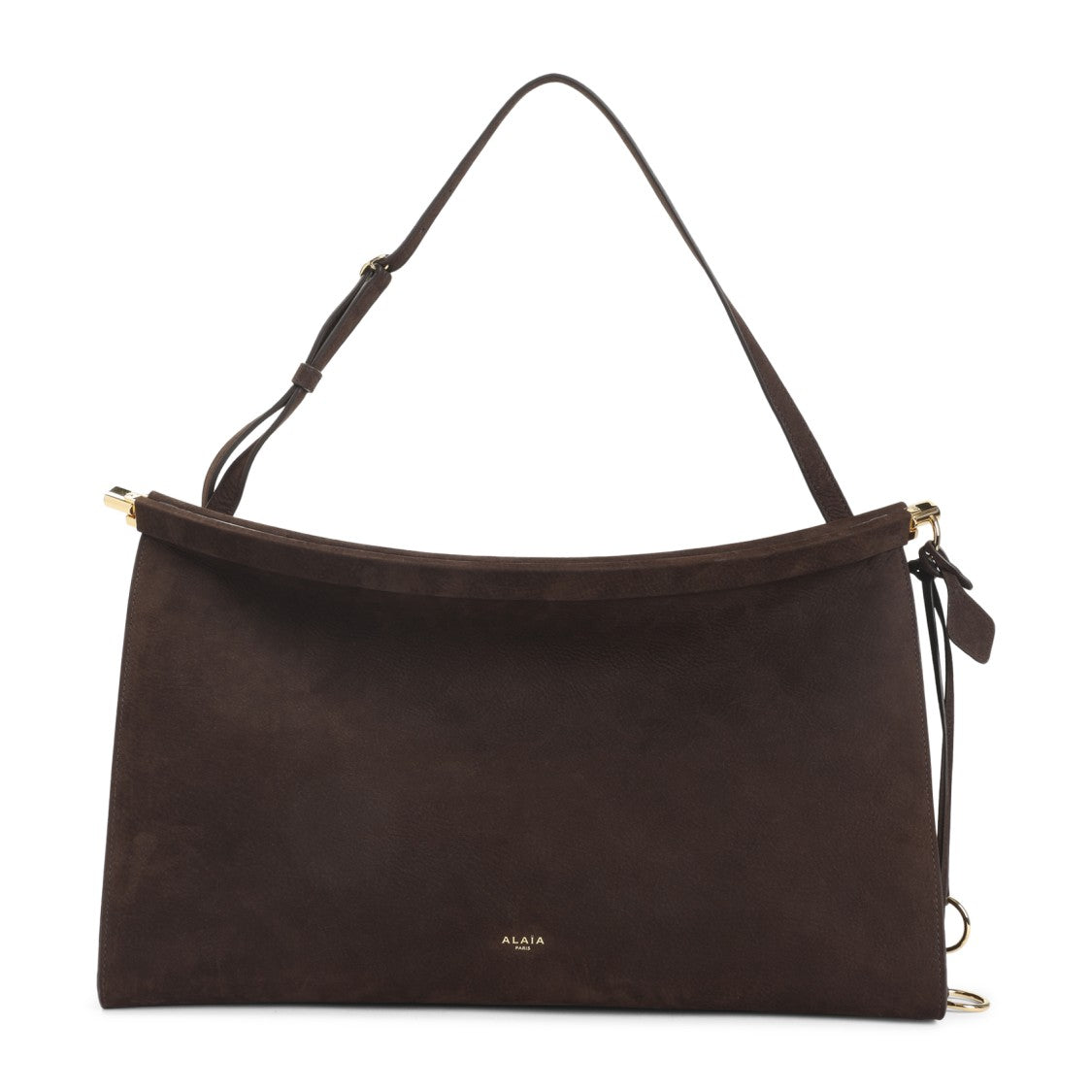 Brown Suede Handbag With Adjustable Strap And Gold Accents
