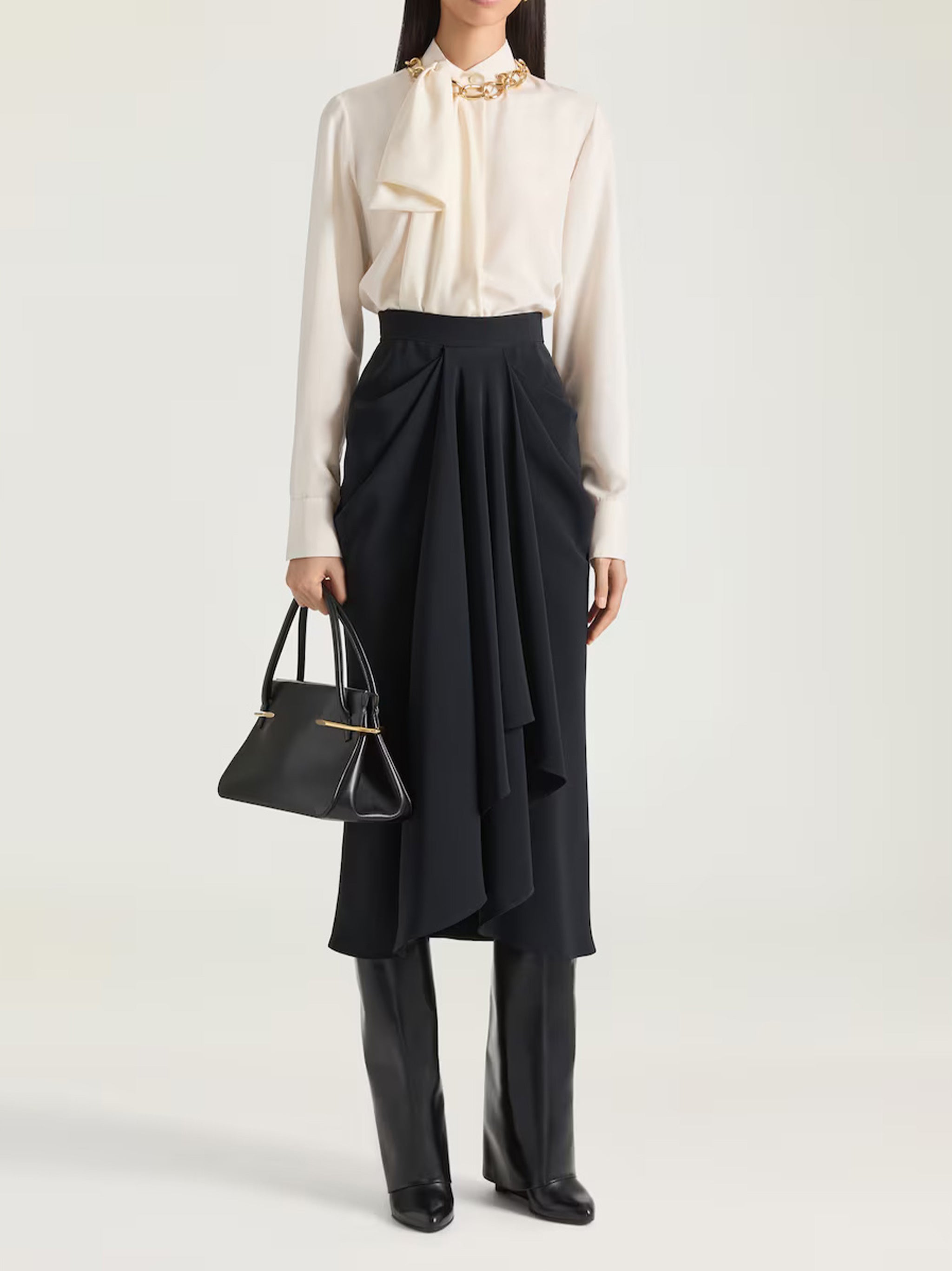 Draped Bow High Collar Flowing Blouse