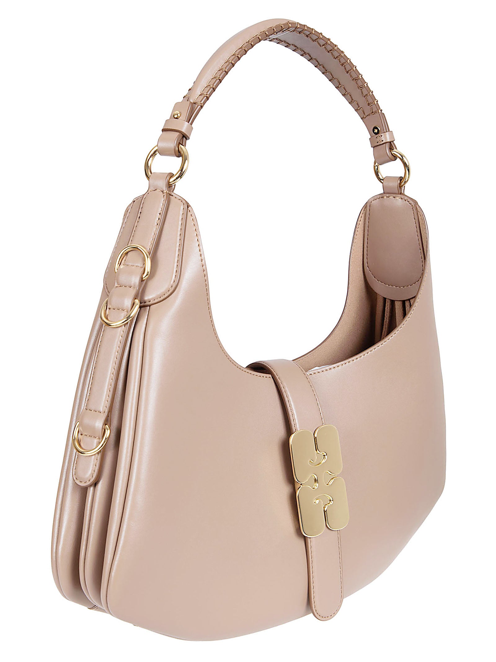 Curved Brown Handbag with Gold-Tone Accents