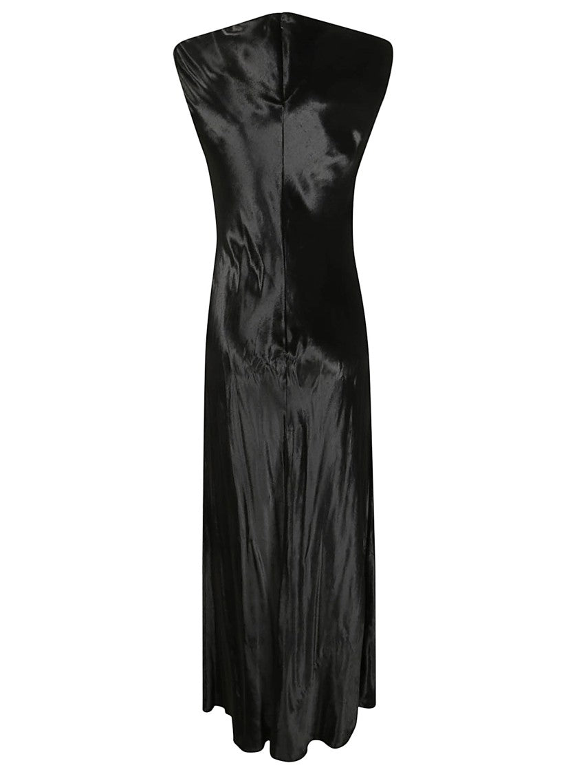 Shiny Velvet Midi Dress With Flared Skirt And High Neckline