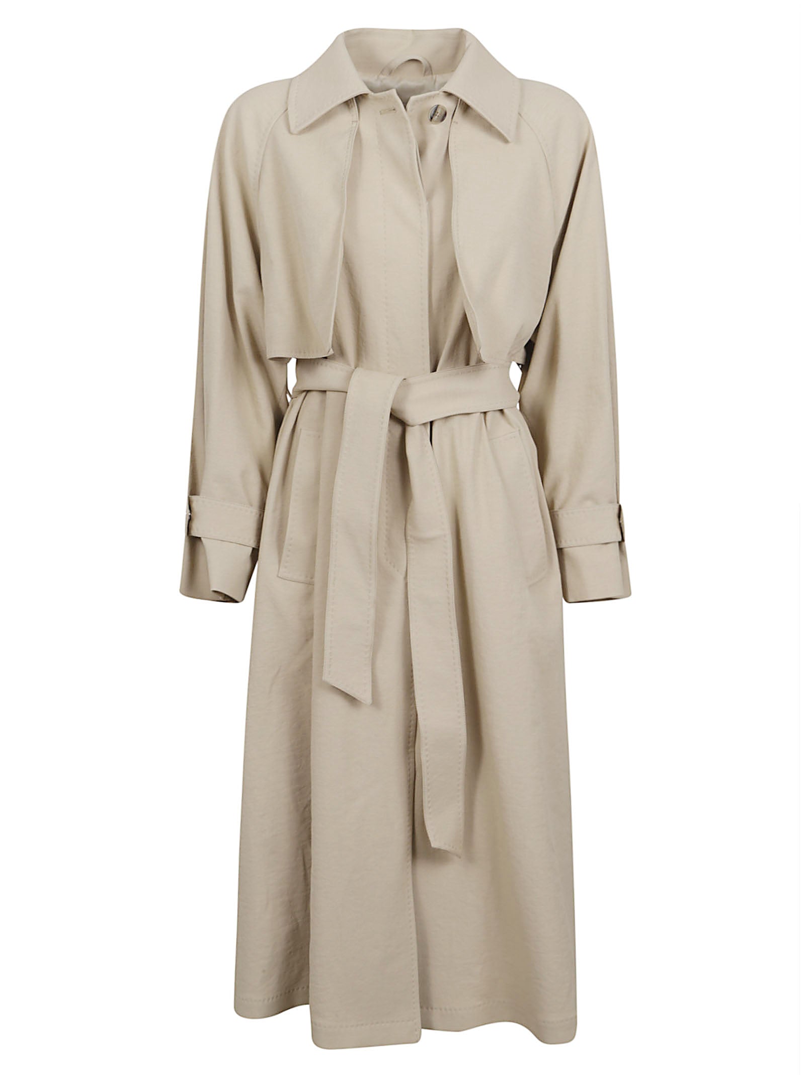 Ivory Crinkled Twill Long Trench Coat
