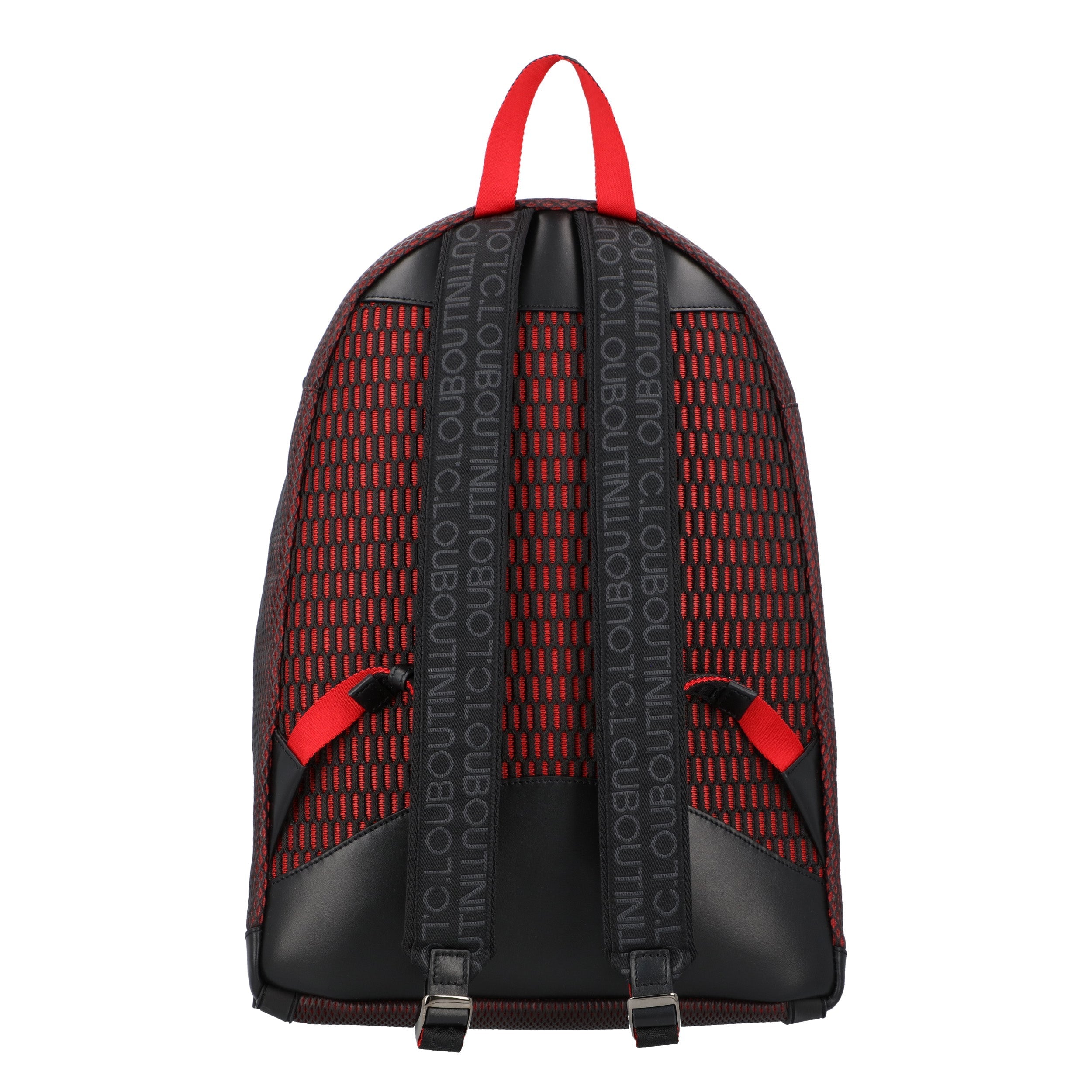 Iconic Black Mesh And Loubi Red Leather Backpack With Signature Spikes