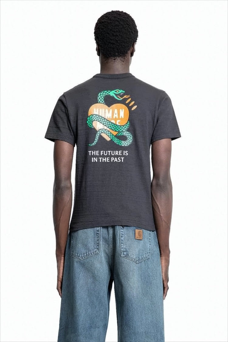 Short-Sleeve Cotton T-Shirt with Heart and Snake Graphics