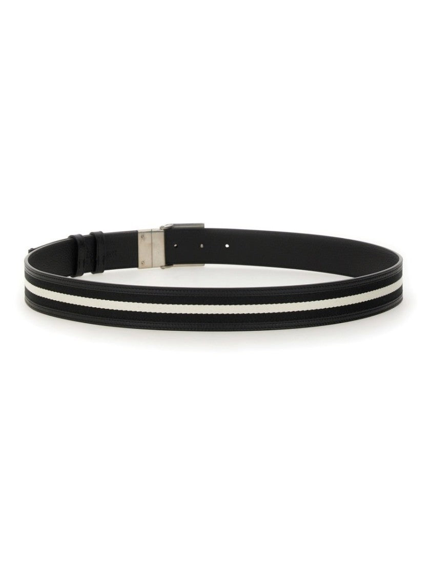 Black Leather Belt with Parallel White Stripes
