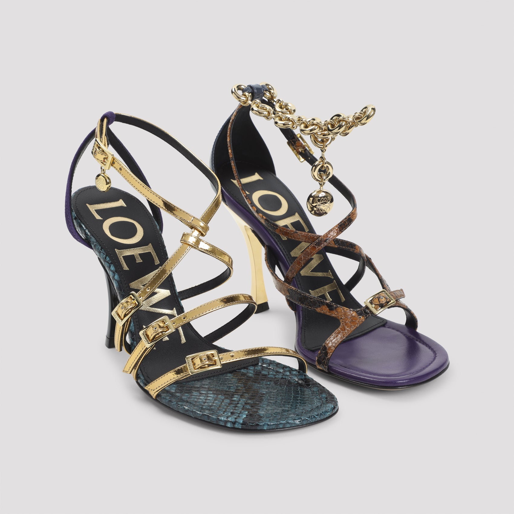High Heel Sandals With Metallic Finish And Snakeskin Accents