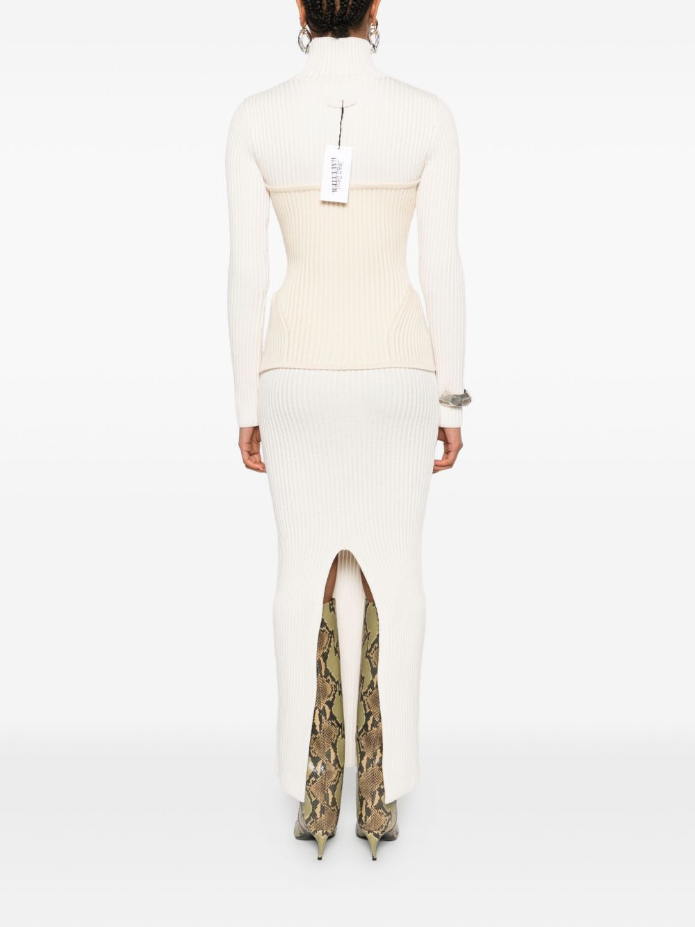 Ankle-Length Off-White Ribbed Knit Dress