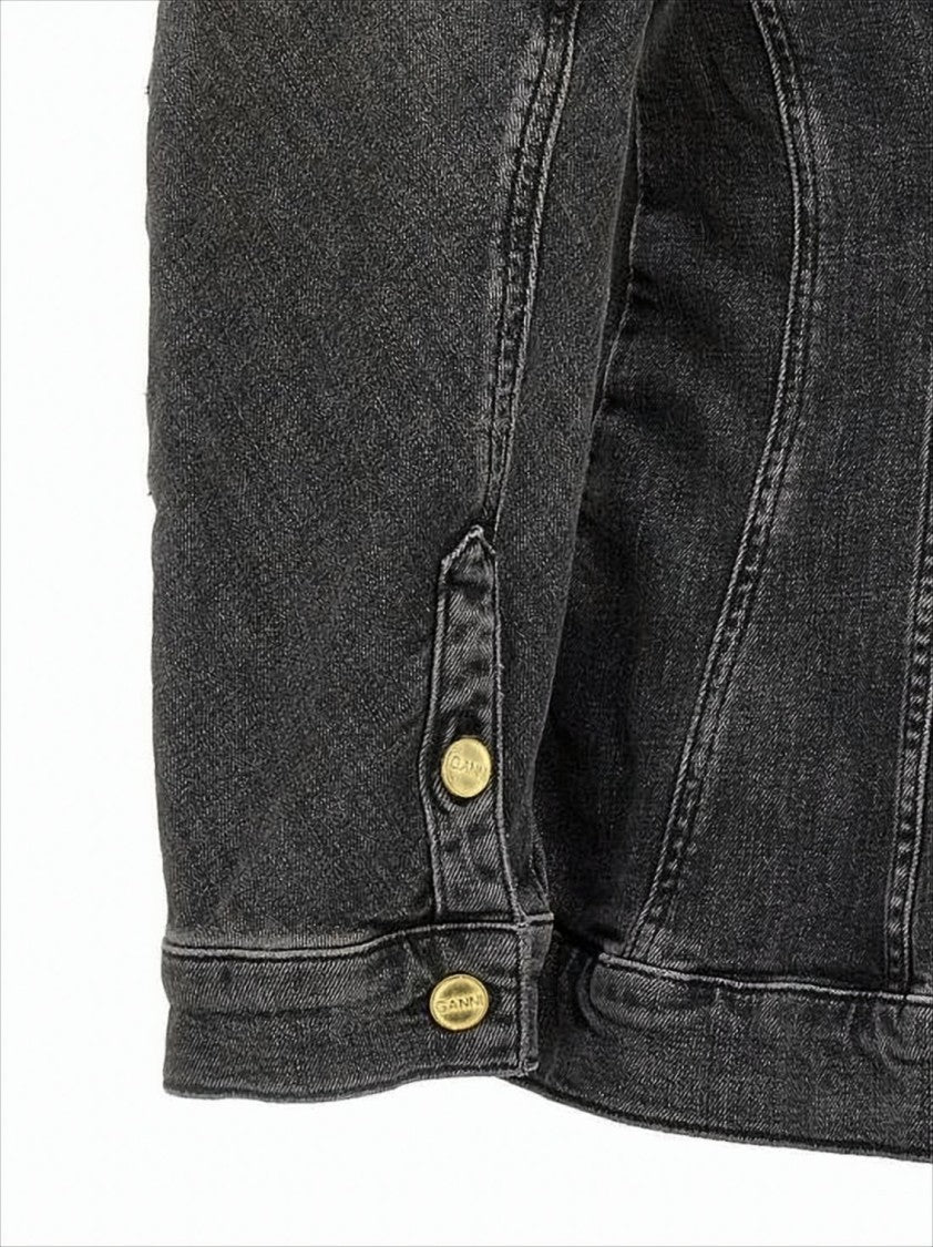 Structured V-Neck Denim Jacket with Gold-tone Accents