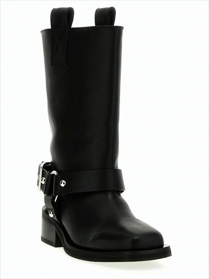Mid-Calf Leather Boots with Decorative Strap and Buckle Detail