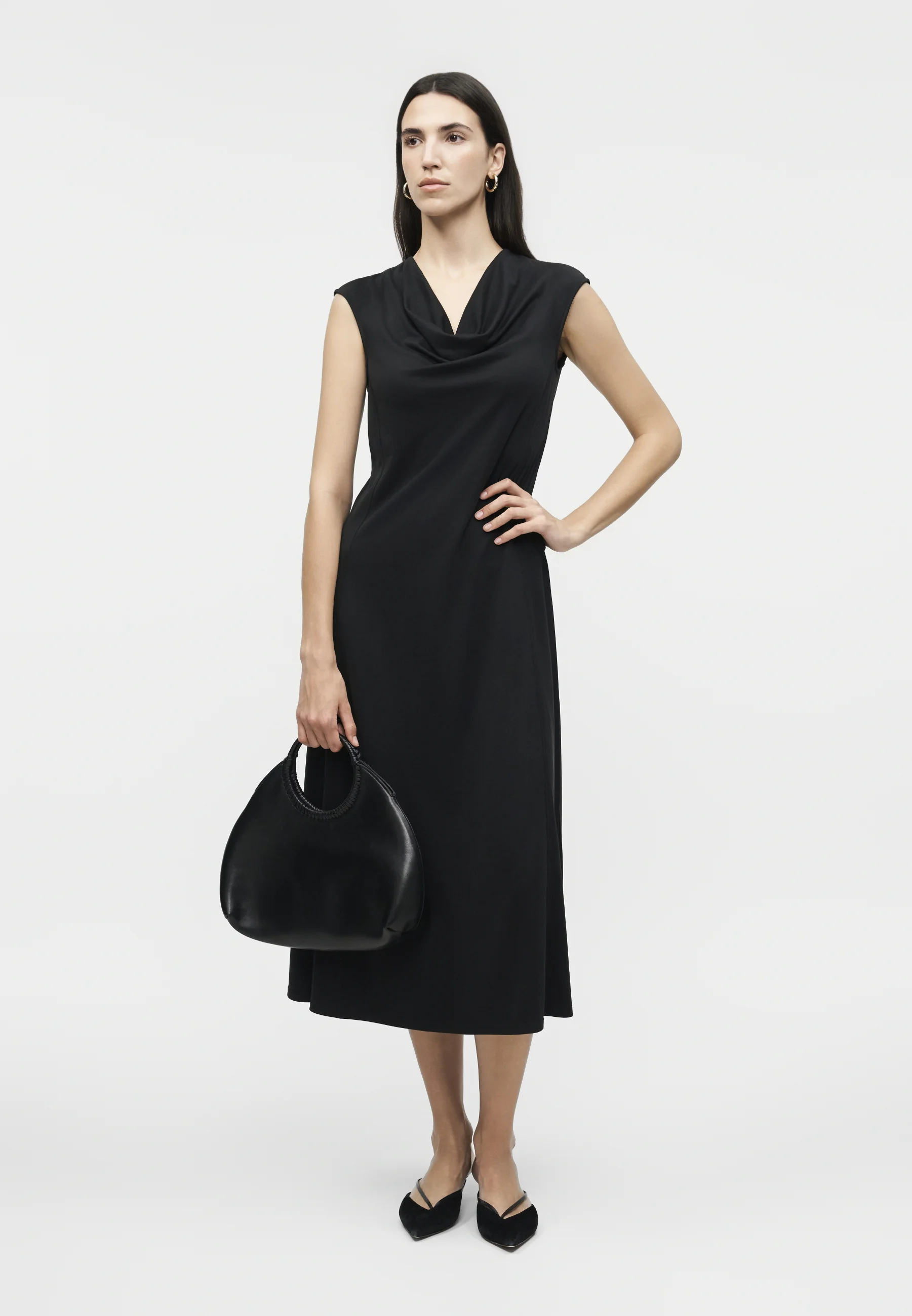 A-Line Midi Dress with Draped Cowl Neckline