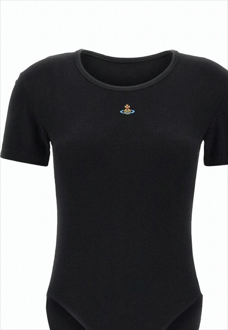 Fitted Ribbed Bodysuit with Minimalist Design and Emblem