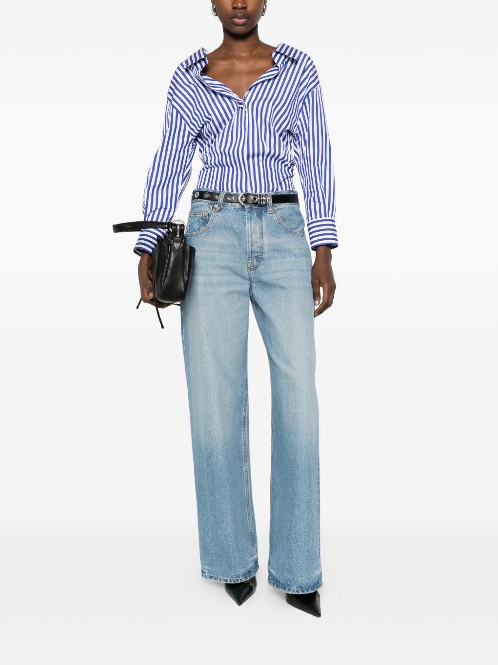 Vertical Blue and White Stripe Off-Shoulder Shirt