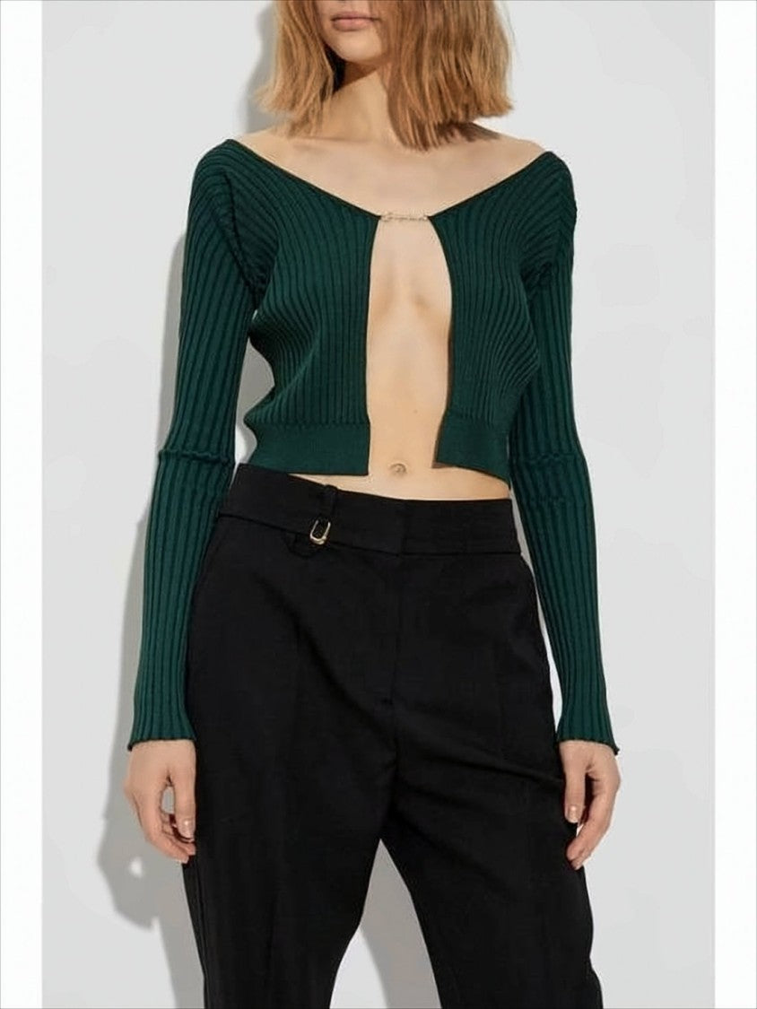 Ribbed Cropped Cardigan With Gold-Tone Clasp Closure