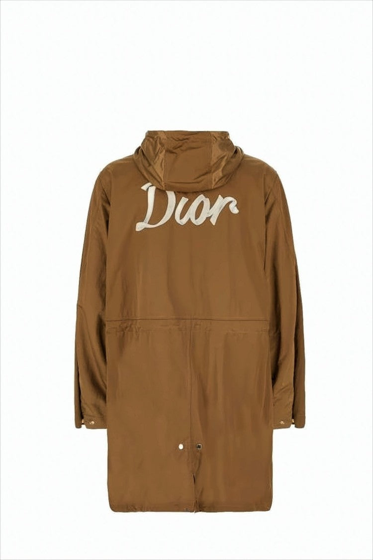 Brown Nylon Jacket with Hood and Script Logo