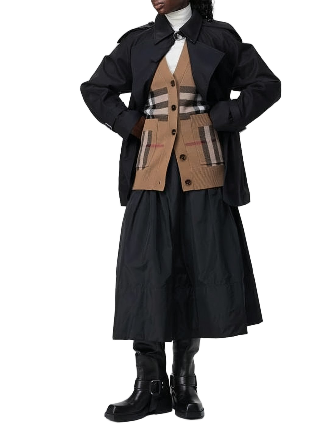 Double-Breasted Black Trench Coat with Belted Waist