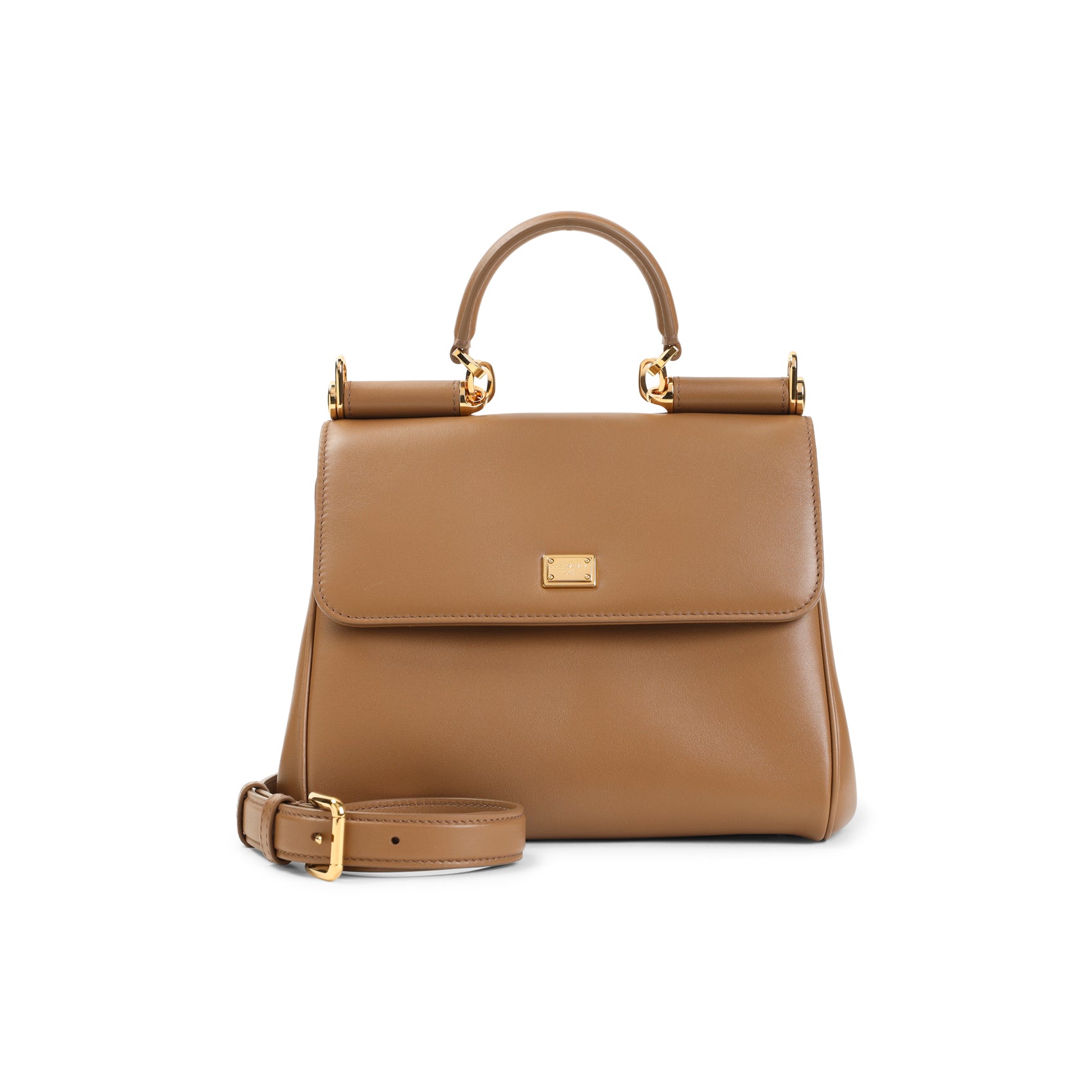 Compact Brown Leather Handbag with Gold Accents