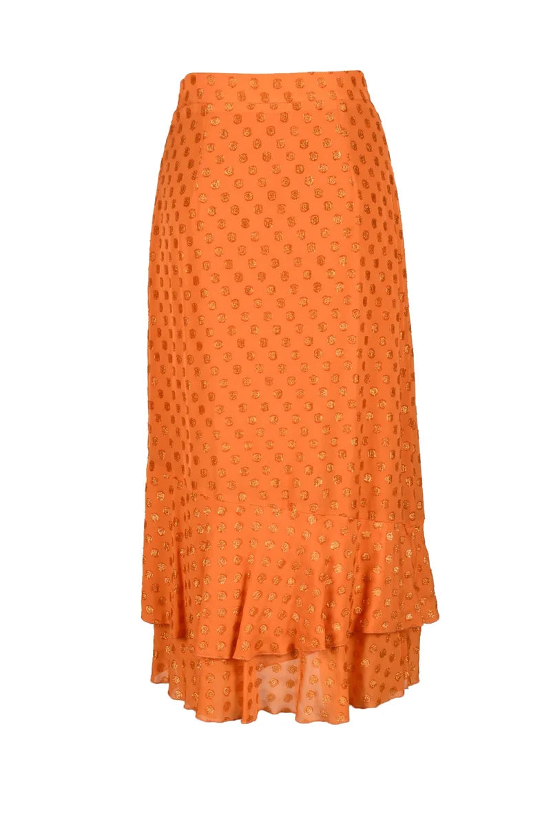 Orange Midi Skirt with Asymmetrical Ruffle