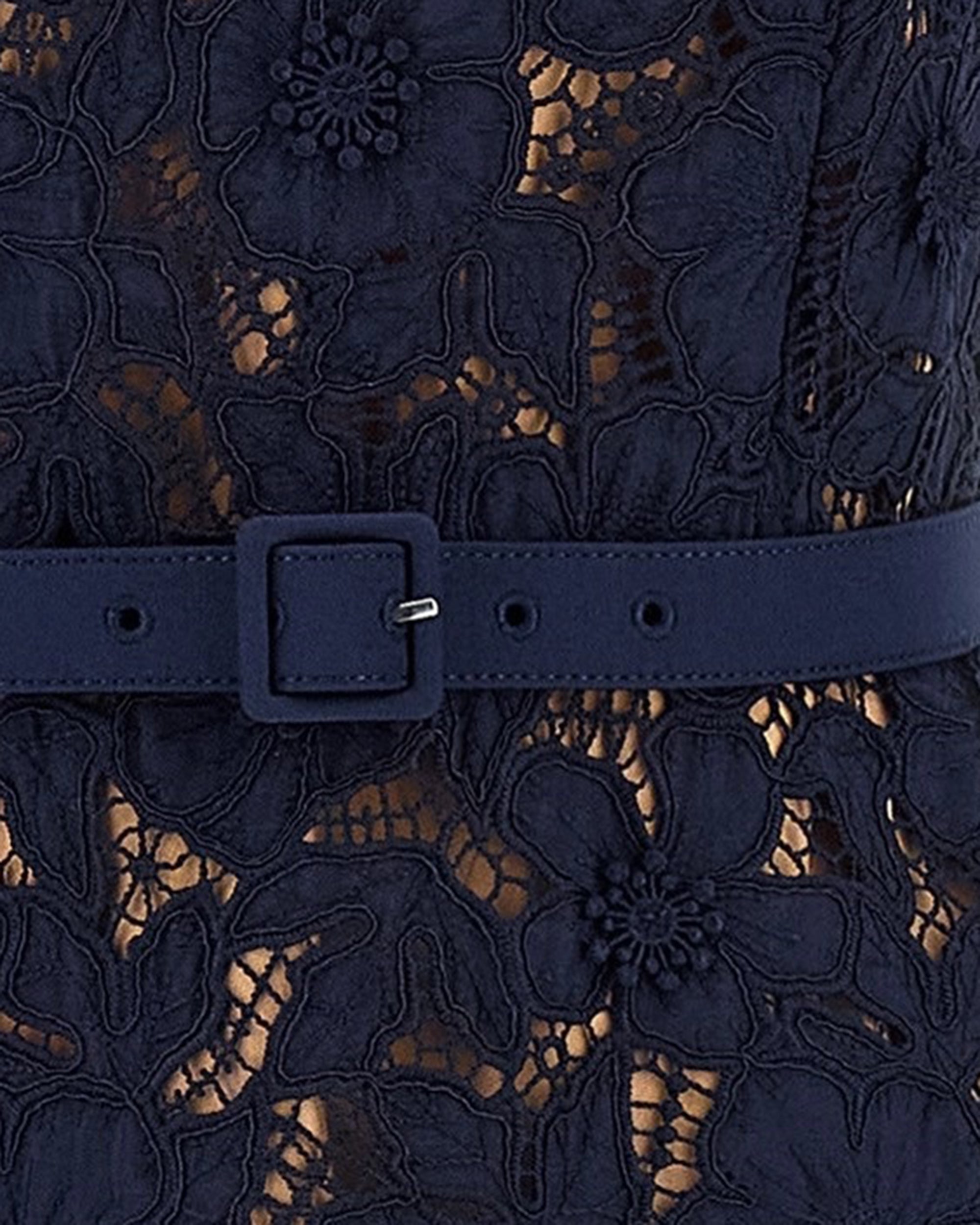 Navy Guipure Lace Midi Dress with Ruffled Hem