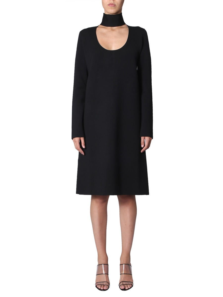 High Neck Midi Dress with Deep Neck