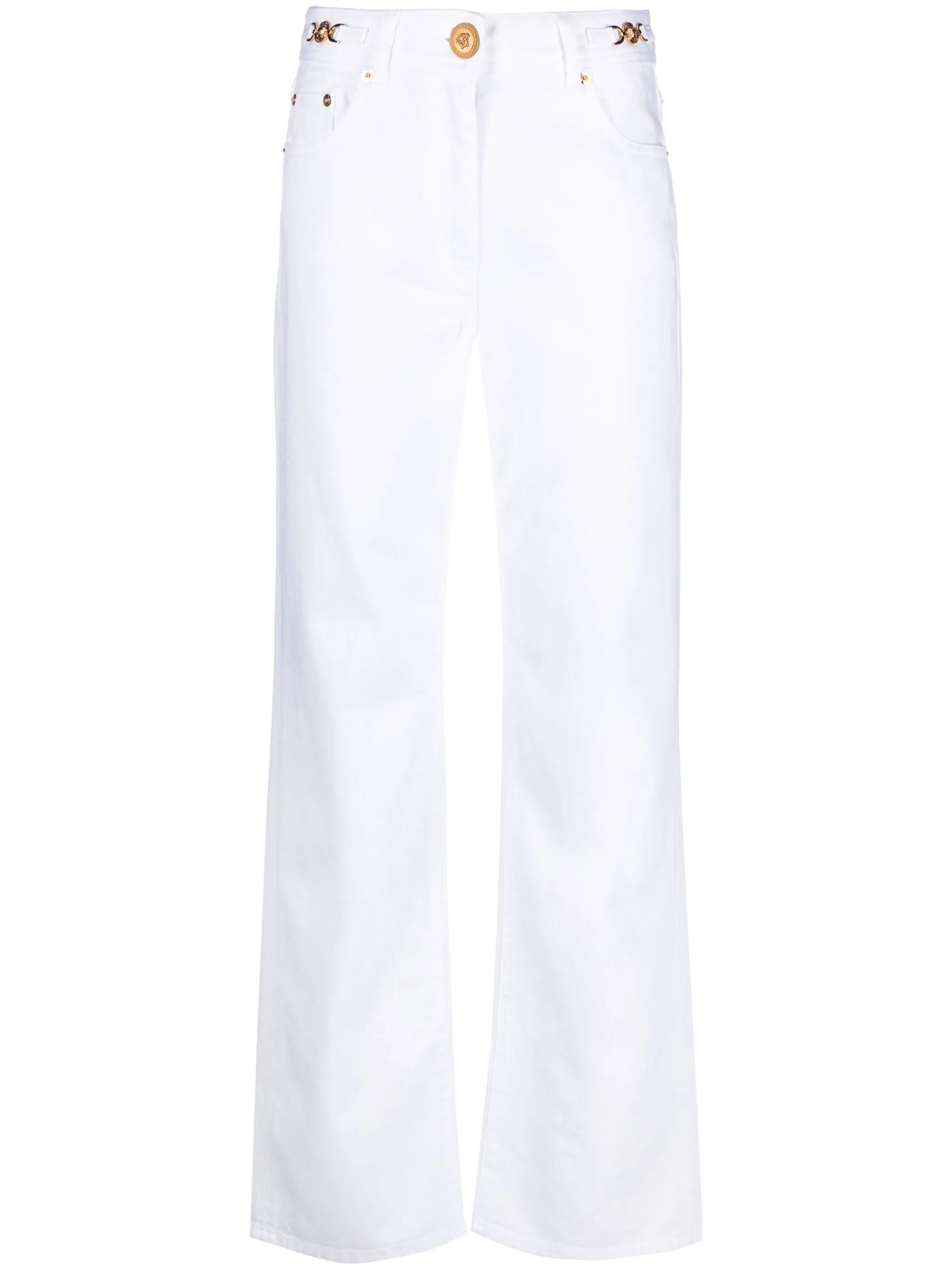 White Wide-Leg Gold Hardware Denim Jeans