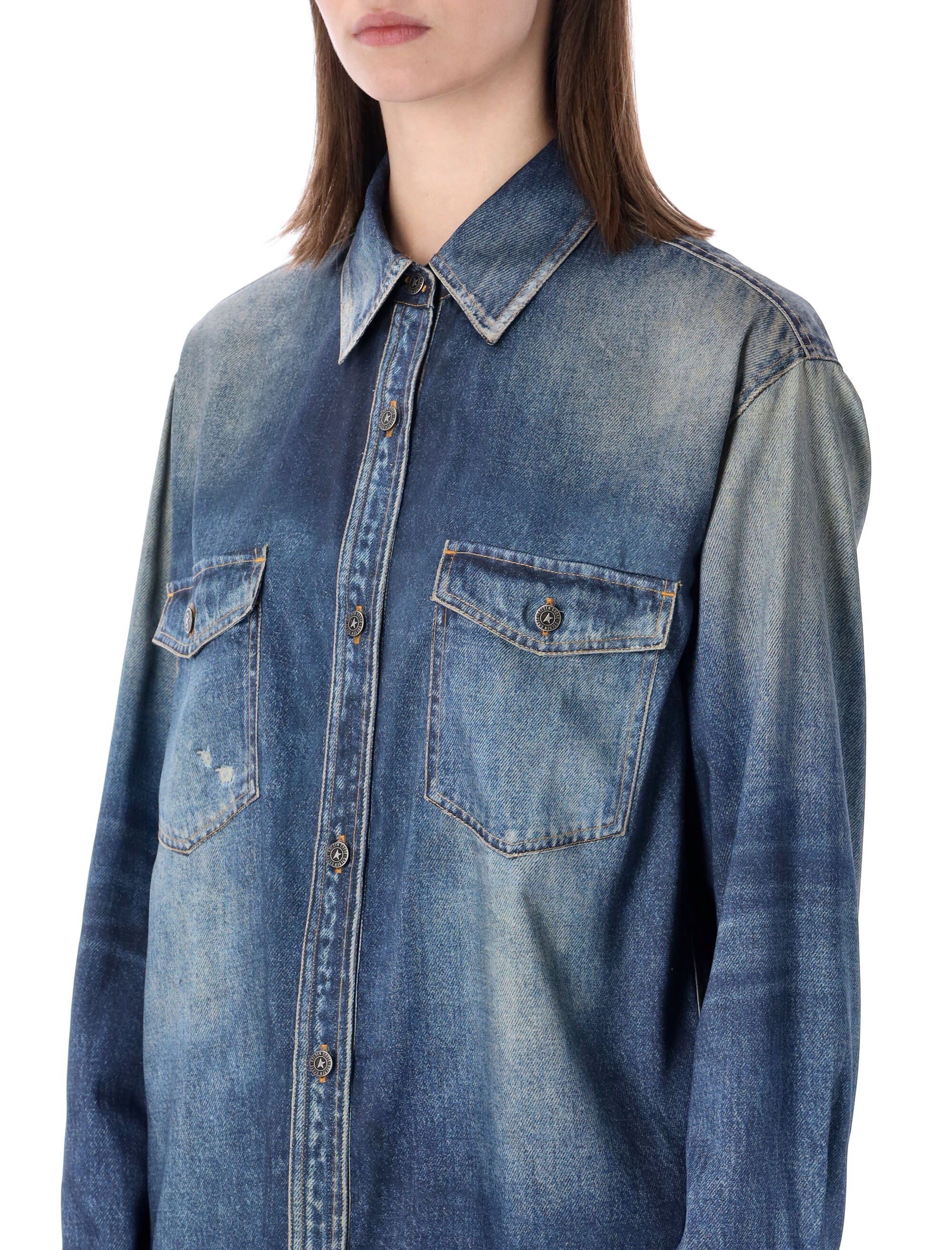 Denim-Effect Print Satin Overshirt With Classic Collar And Patch Pockets
