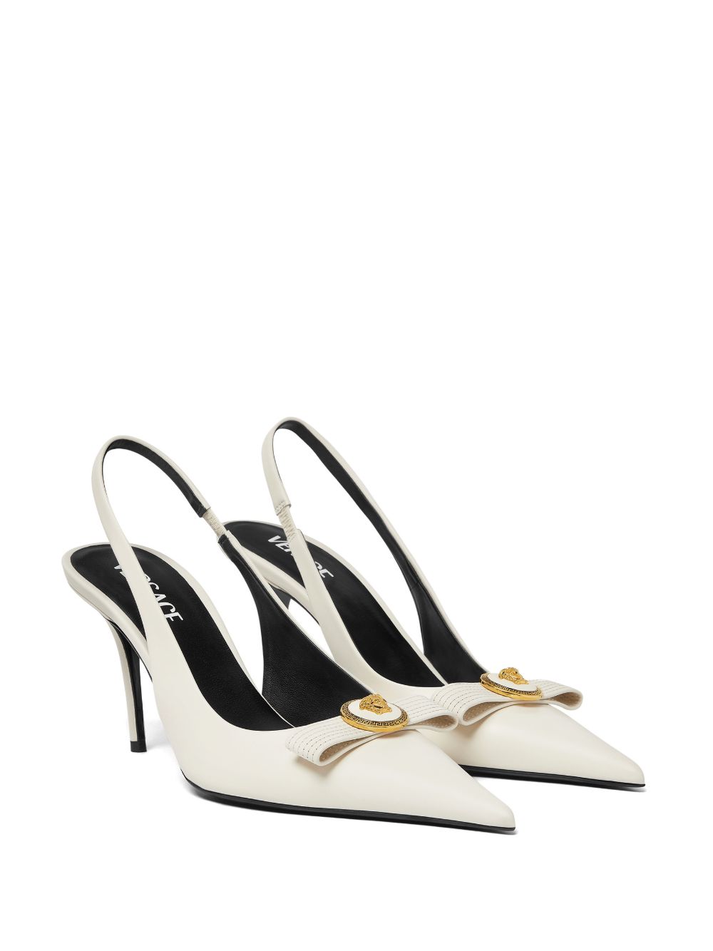 Pointed Toe Slingback Heels with Textured Bow and Gold Medallion
