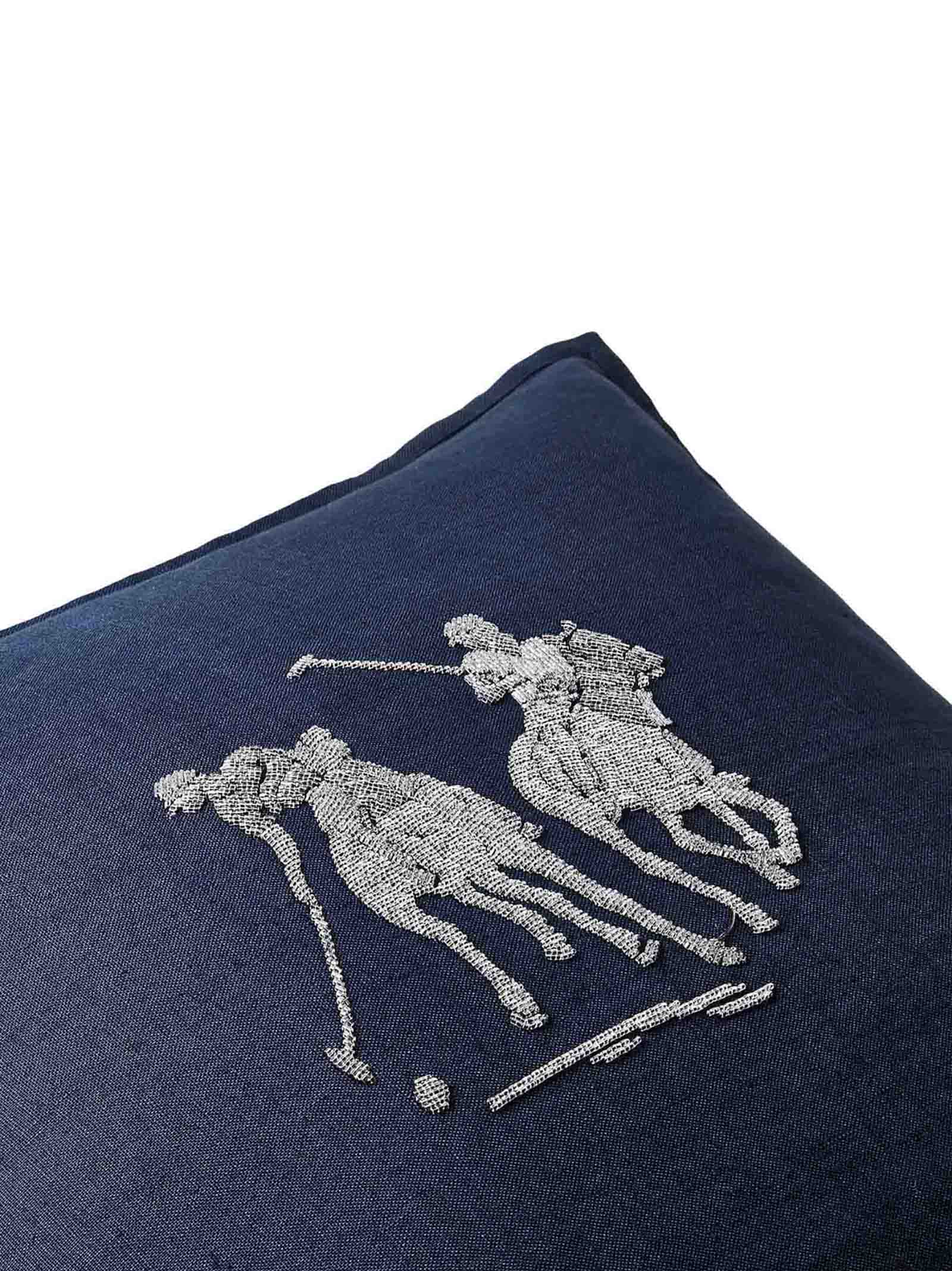 Deep Blue Linen Pillow with Beaded Polo Graphic