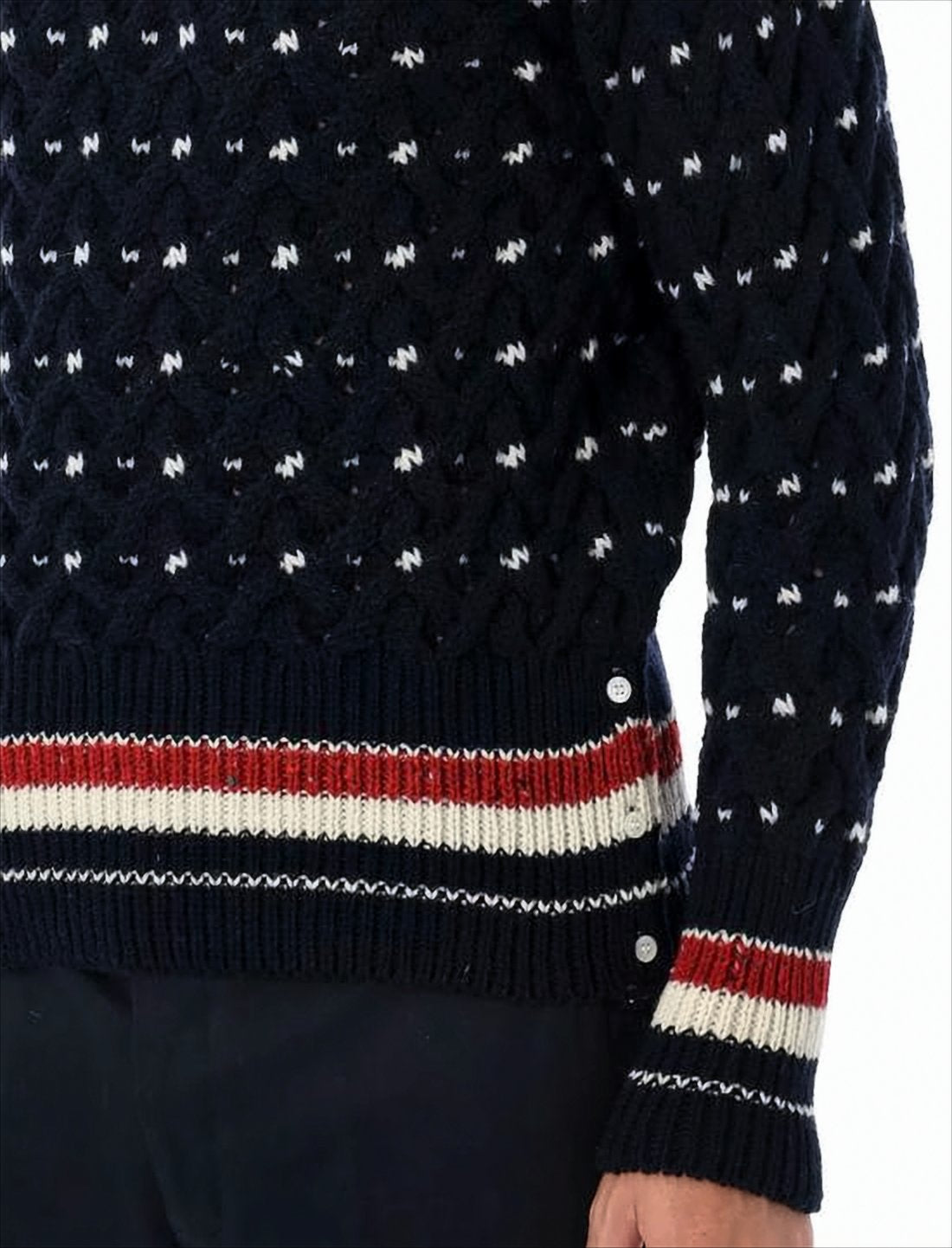 Textured Knit Sweater with Striped Hem and Contrasting Dots