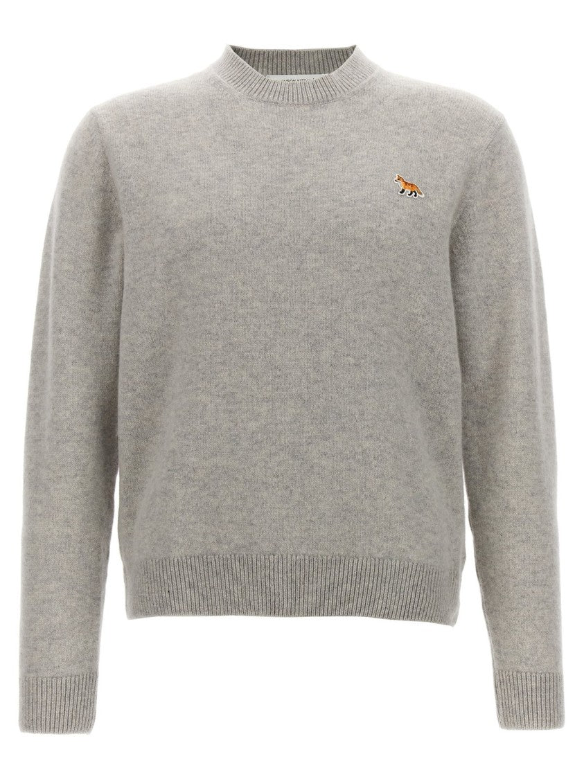 Heathered Grey Crewneck Sweater With Embroidered Fox Emblem