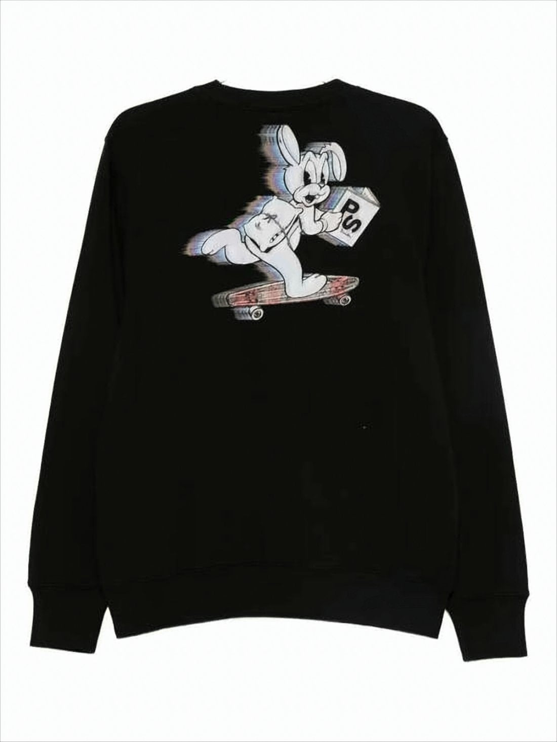 Black Long-Sleeve Sweatshirt with Cartoon Rabbit Graphics