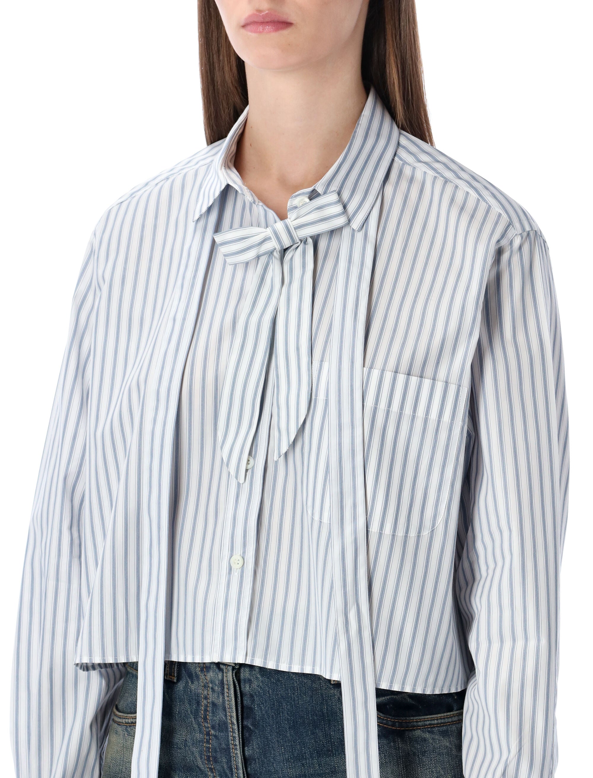Striped Poplin Short Shirt With Scarf Collar