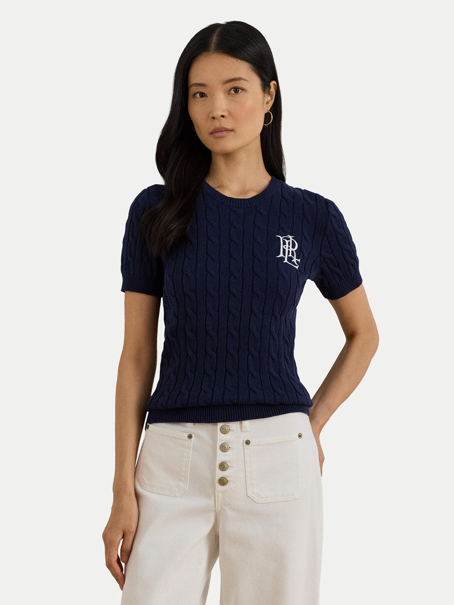 Navy Blue Eyelah Linen Pullover Knit Top